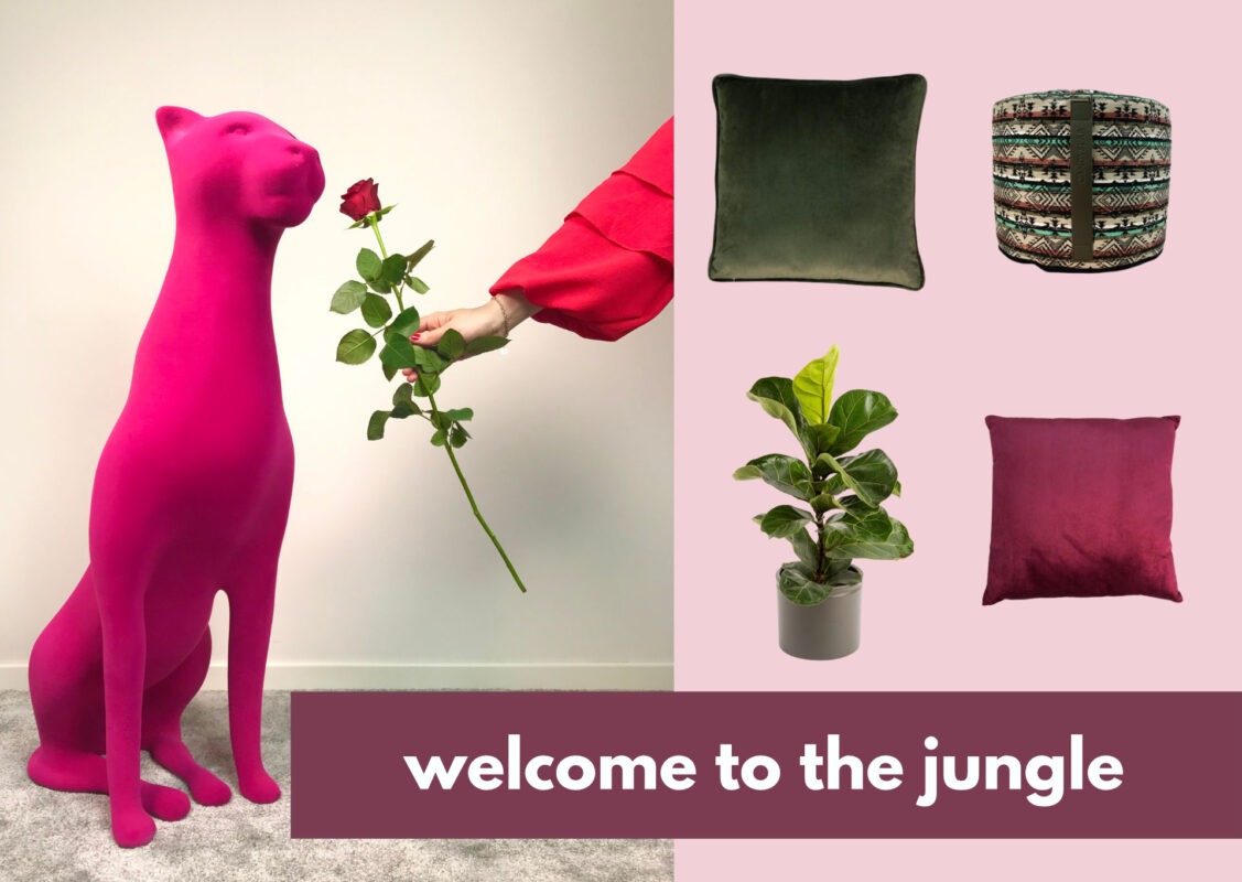 Pantera rosa con cuscini e pouf di diversi colori