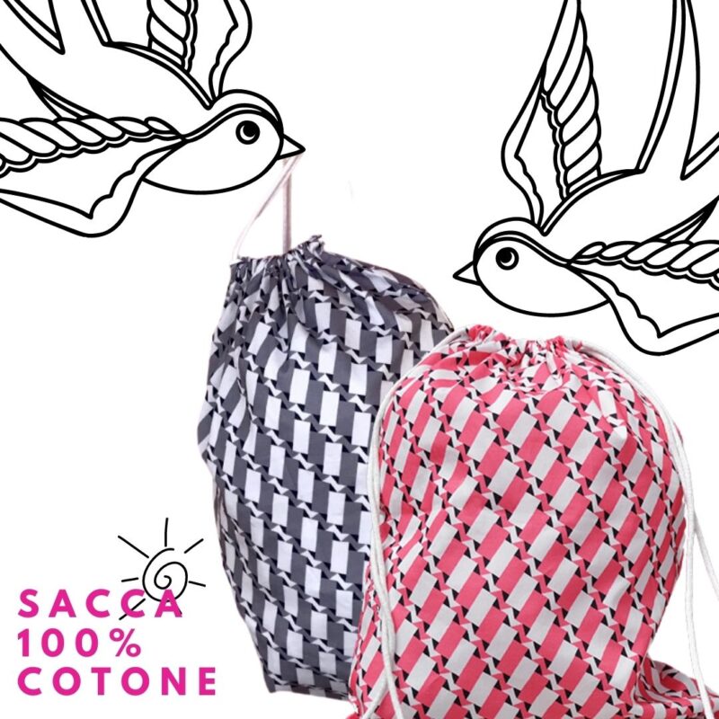 sacca zainetto 100% cotone con pattern fucsia e pattern grigio