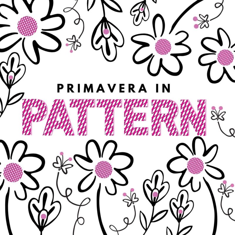 fiori e pattern fucsia con scritta primavera